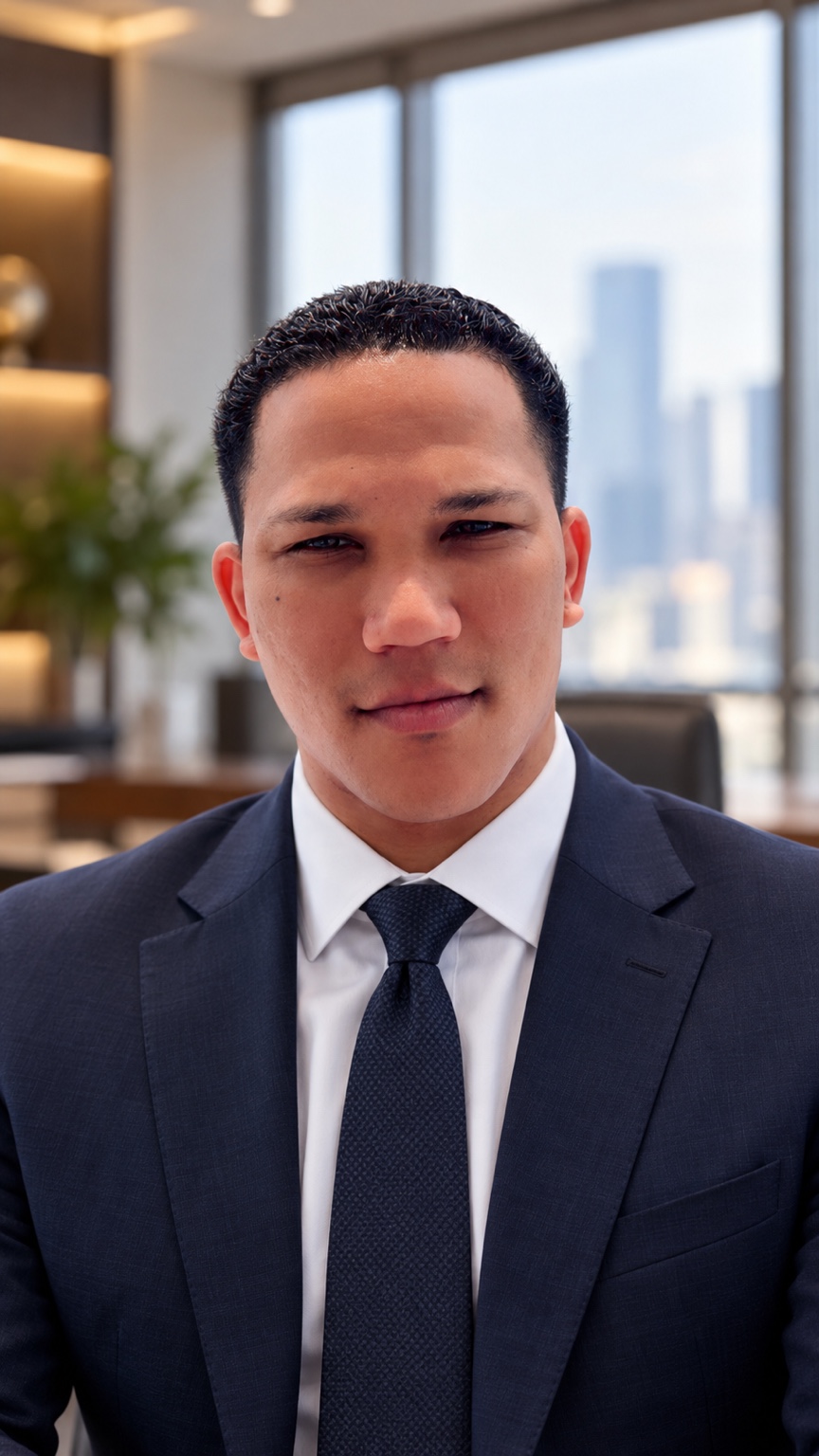 Yusnier Molina, con traje azul y corbata, en una oficina
